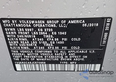 2018 Volkswagen Atlas 3.6L V6 Se from USA, damaged, VIN 1V2KR2CA5JC570959